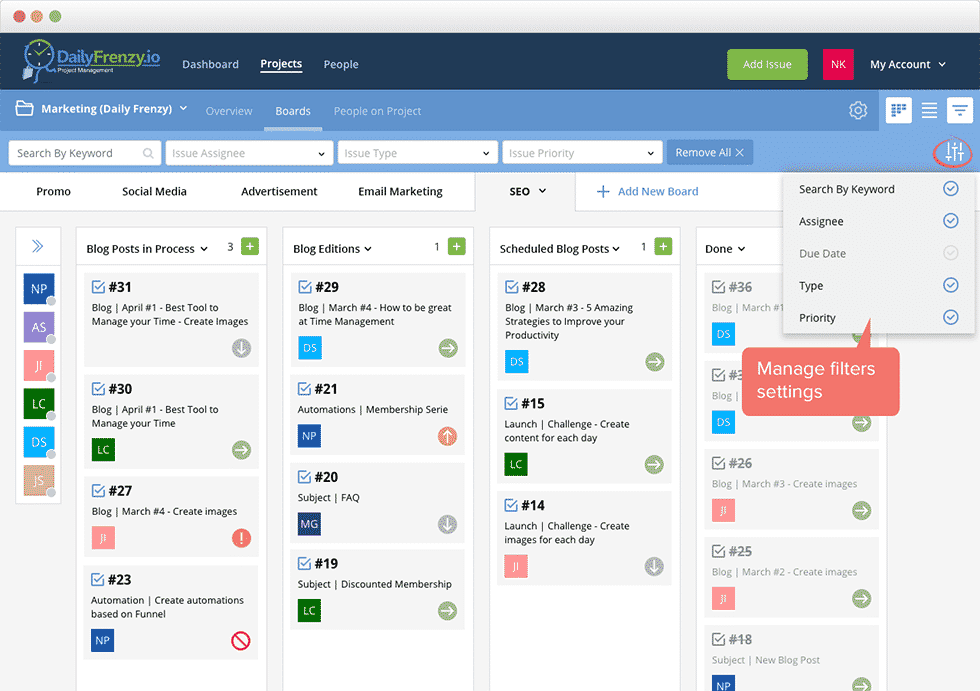 project dashboard filters settings